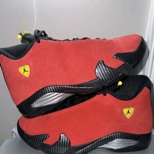 Jordan Red Suede Sneakers with Yellow Jumpman Badge
